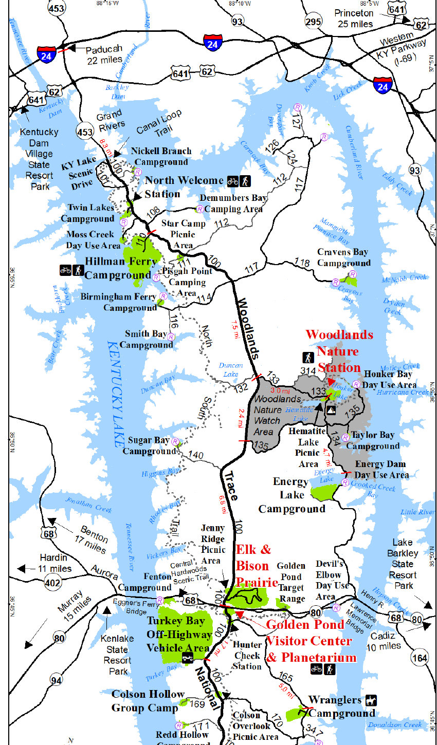 Official visitor map of northern and central Land Between the Lakes, from Grand Rivers through Golden Pond