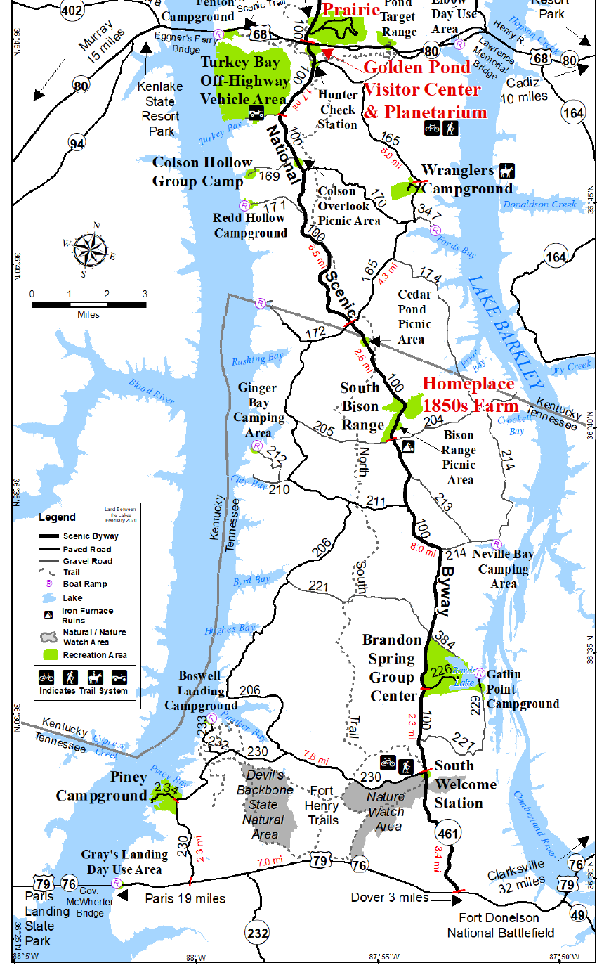 Official visitor map of southern Land Between the Lakes, from Golden Pond through Piney Campground and Dover
